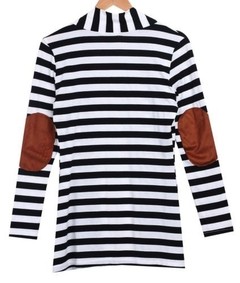 Cardigan mujer largo rayado blanco negro algodón y poliéster parches en los codos modelo exclusivo importado