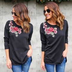 Remera camisa mujer flores clásica urbana elegante botones manga larga sin bolsillos negra