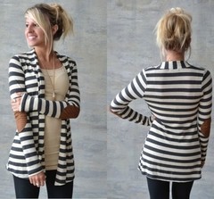 Cardigan mujer largo rayado blanco negro algodón y poliéster parches en los codos modelo exclusivo importado - tienda online