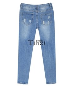 Pantalón jean mujer roturas recto bolsillos delanteros y traseros azul gastado en internet