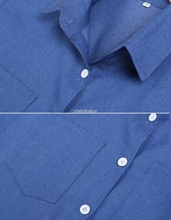 Camisa blusa vestido mujer clásica urbana elegante bolsillos botones manga larga azul - online store
