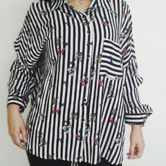 Camisa blusa mujer flores clásica urbana manga 3/4 blanca rayas negras