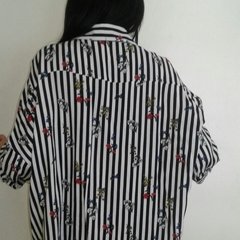 Camisa blusa mujer flores clásica urbana manga 3/4 blanca rayas negras - tienda online