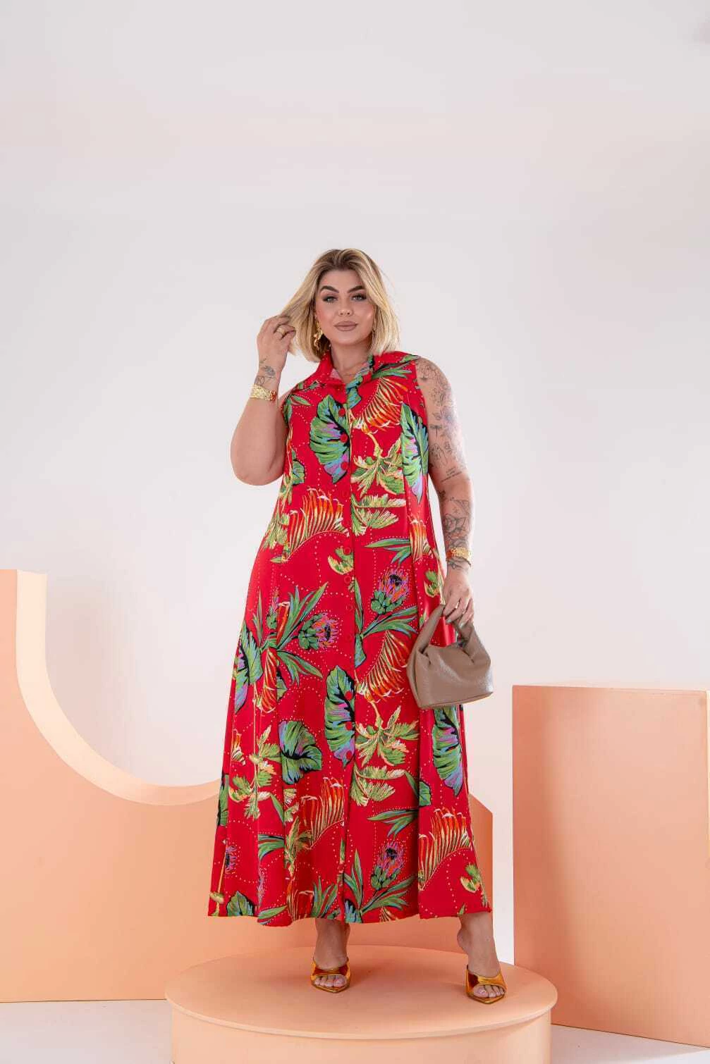 Chemise Longa Botões Crepe Plus Size
