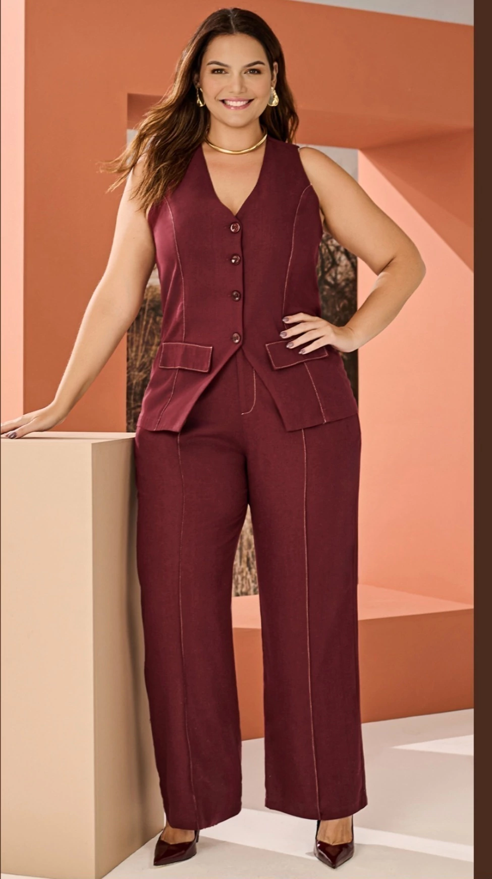 Conjunto Linho com Elastano Pesponto Bordô Plus Size