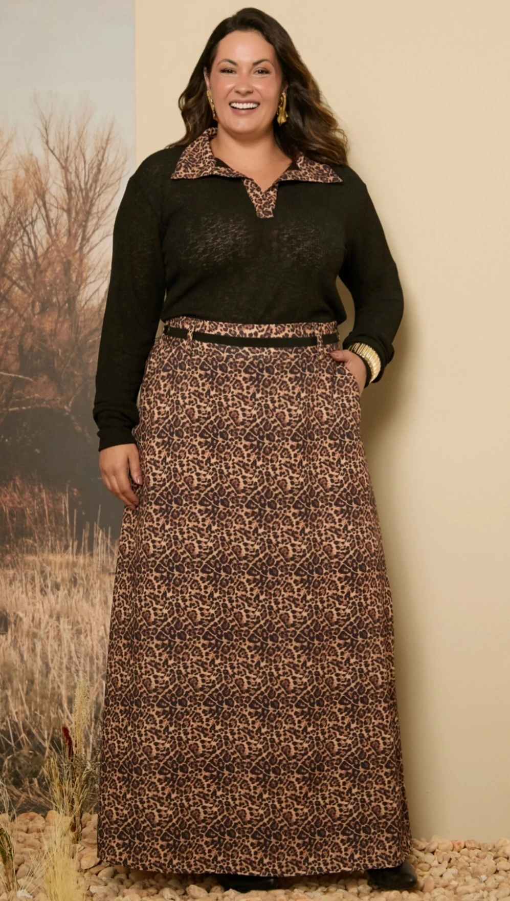 Saia Longa Evasê Crepe Animal Print Plus Size