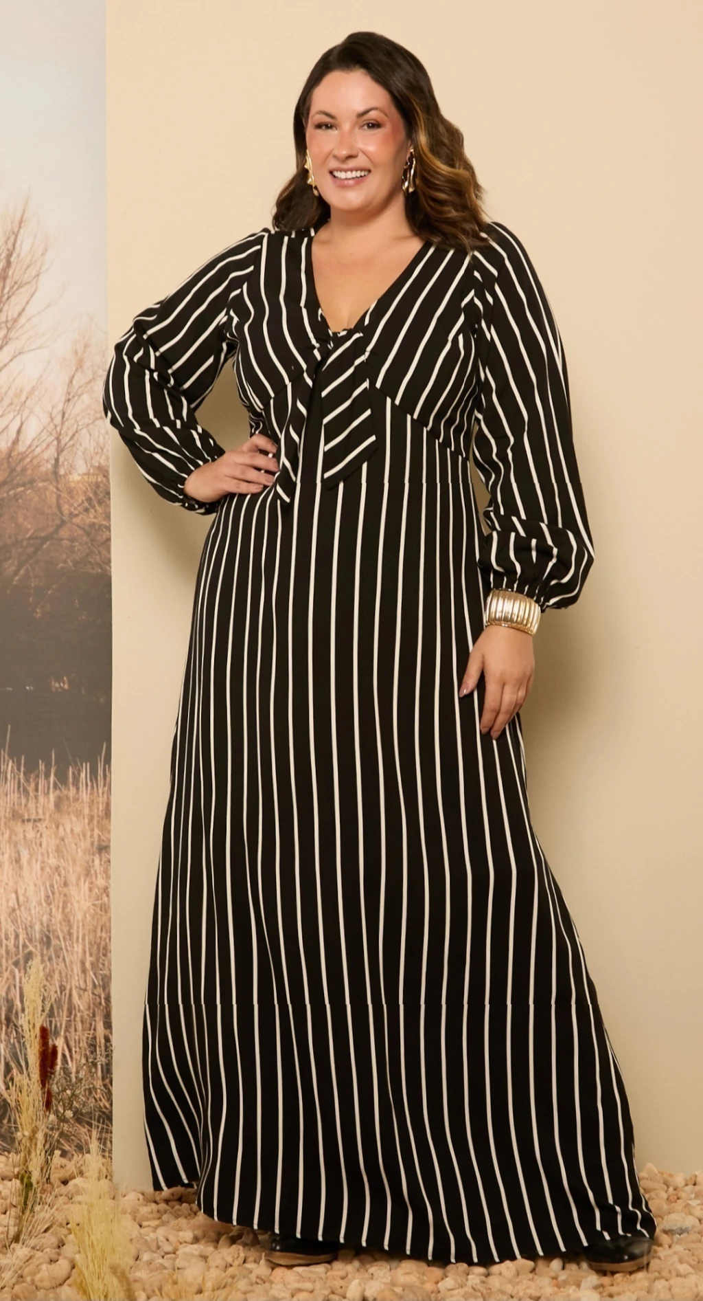 Vestido Longo Preto Listrado Viscose Plus Size
