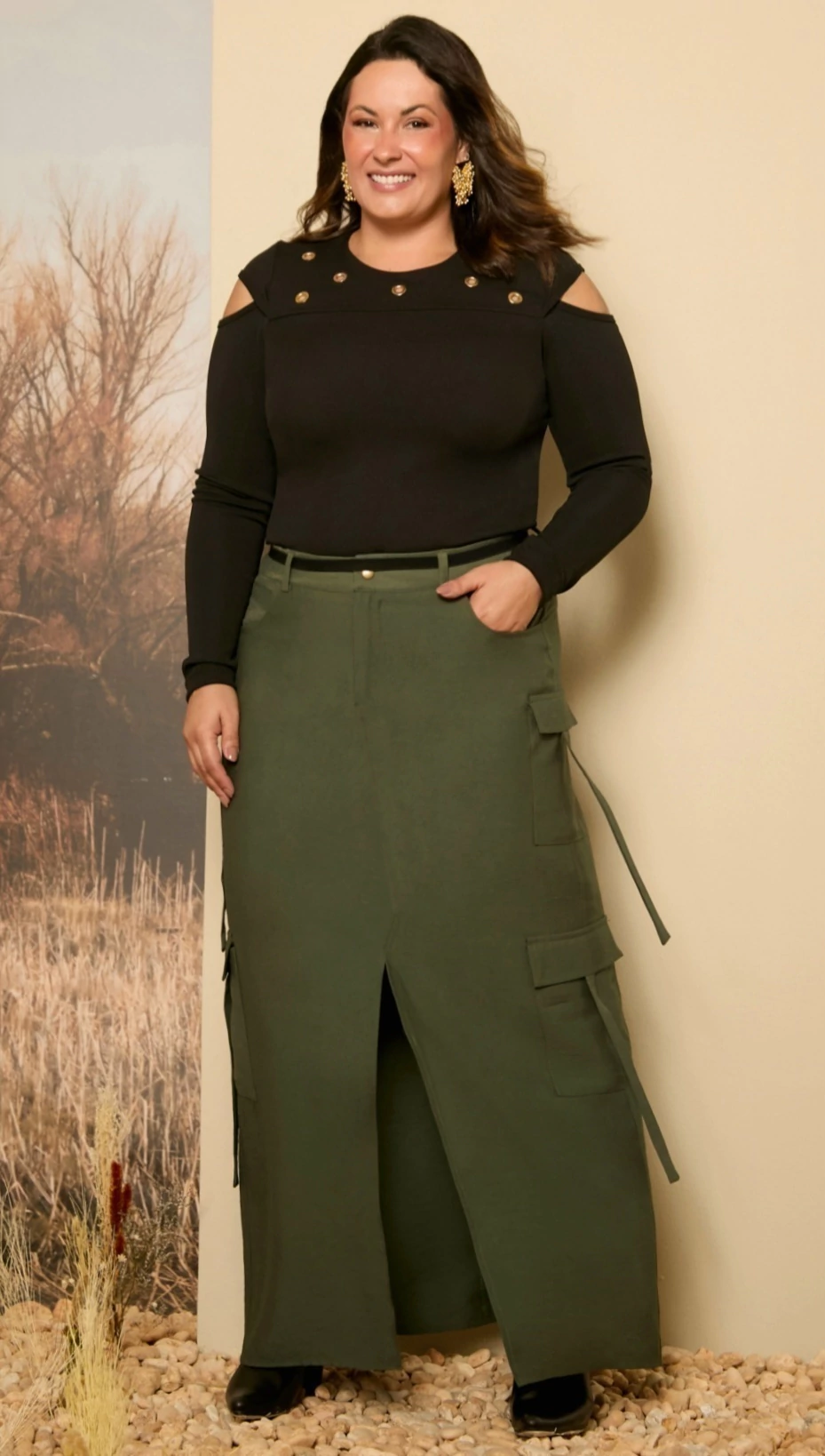 Saia Longa Alfaiataria Cargo Verde Fenda Frontal Plus Size