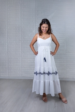 Vestido Pura Emoção Algodão Branco Bordado Azul