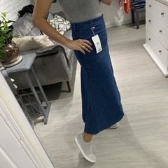 Saia Morena Bella Longa Elastano Jeans Azul