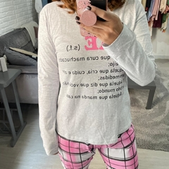 Pijama Longo Evanilda Mãe Cinza Rosa Xadrez