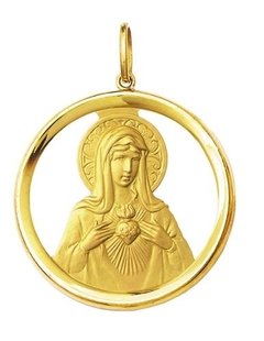 Medalha 3,5cm Coração Maria Ouro 18k Pingente