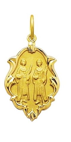 Pingente Medalha Cosme E Damião De Ouro 18k 1,5 Cm