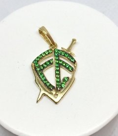 Pingente Medalha Escudo Fé De Ouro 18k Zirconias Verdes