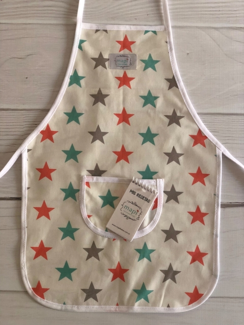 DELANTAL ESTRELLAS VERDE AGUA, CORAL Y GRIS CON LIBRETITA