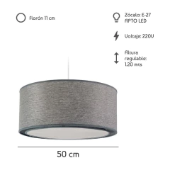 Colgante Pantalla Tela Griega Gris Apto Led Moderno 50cm - Su Luz Deco