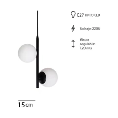 Colgante 2 Luces Vertical Elyn E27 Negro Globo Opal 15cm