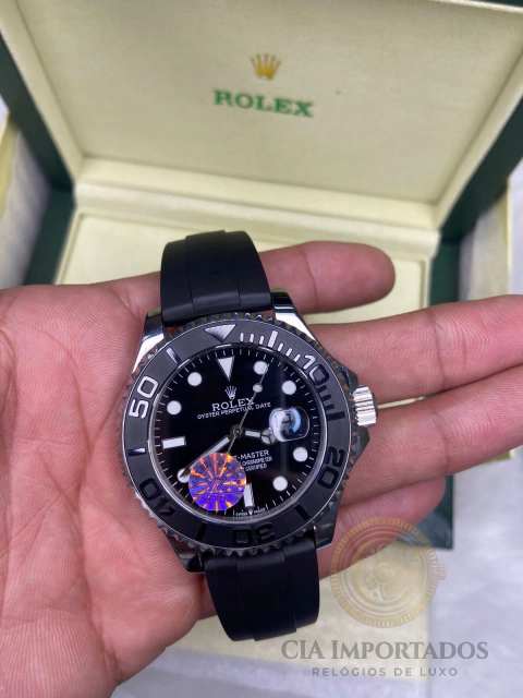 Yacht-Master II Premium Prata com Mostrador Preto Pulseira Silicone Preto Automático - comprar online
