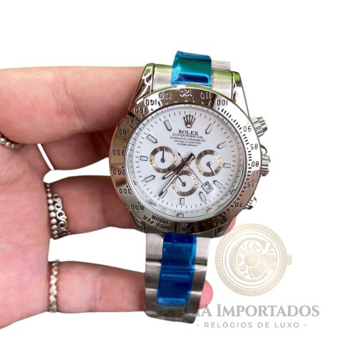 Relógio Daytona Prata Mostrador Branco Cronógrafo Luxo