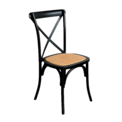 Silla Cross Vintage negra con asiento de ratán natural y respaldo en forma de cruz