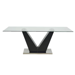 Mesa de comedor Timor con tapa de vidrio transparente y base negra en forma de V, medidas 200x100 cm