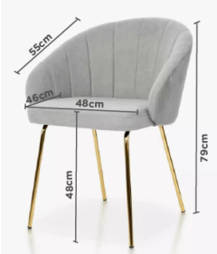 Sillón tapizado gris claro con respaldo curvo y patas metálicas doradas