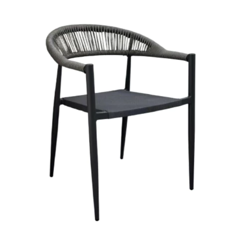 Silla Alamo de exterior con estructura de aluminio negra y respaldo tejido en cuerda gris