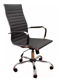 Sillón de oficina de aluminio negro con respaldo alto y diseño moderno.