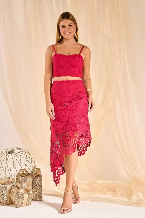 CONJ.BORDADO SAIA ASSIMÉTRICA CROPPED ALÇA FINA