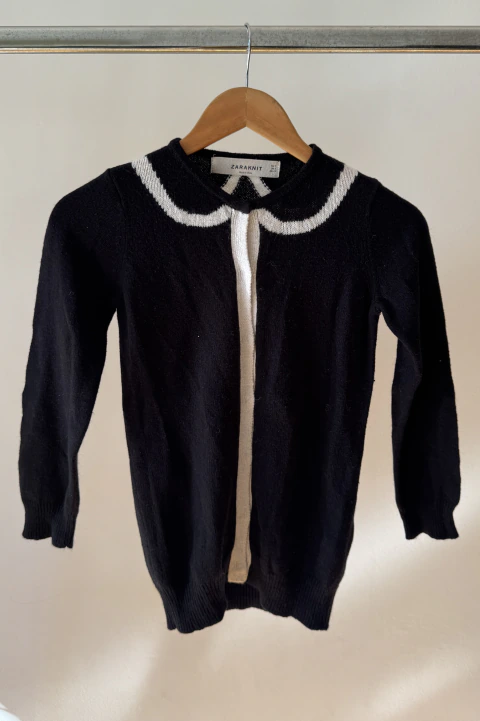 Cárdigan Tejido Zara Knit Negro con Cuello y Vistas Blanco/Crema - Talle S