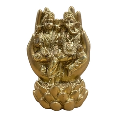 ganesh e laximi brilho na mão em resina 15x8cm