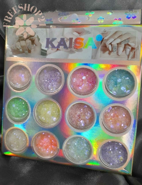 Caixa Com 12 Potinhos de Glitter, Madre Pérolas e Folhas (Diversas Marcas)