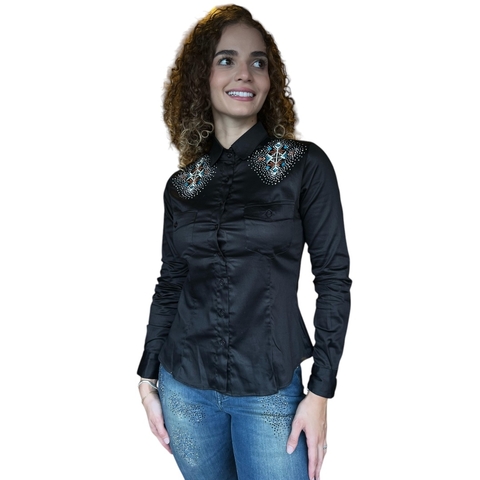 Camisa Apache Strass e Bordado Preto 0005 - comprar online