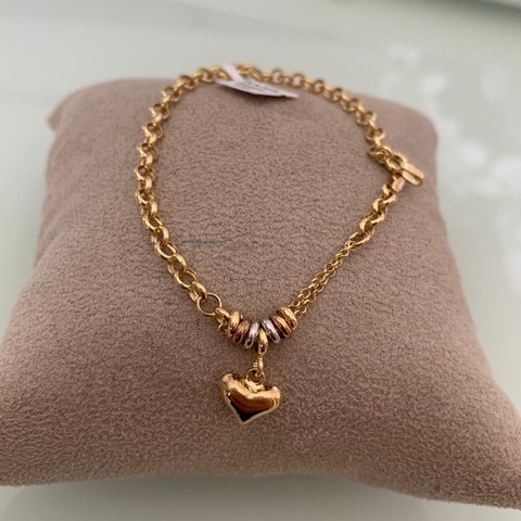 Pulseira Elo Português e Ping. Coração 19cm 3.27 (Cód. 4020)