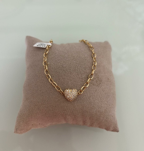 Pulseira Elo Ping. Coração Cravejado 3.4 (Cód. 7059)
