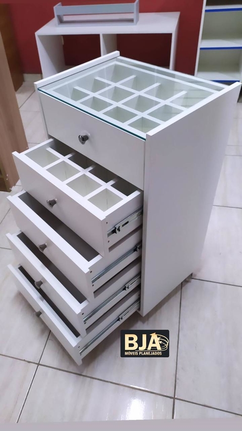 Carrinho auxiliar gaveteiro c/ vidro MDF branco cód.tmrs
