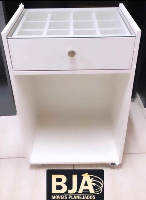 Carrinho auxiliar c/ gaveta e vidro MDF branco cód.tmrs1