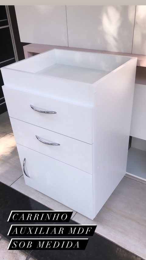 Carrinho auxiliar com 2 gavetas e porta MDF branco cód.carlf
