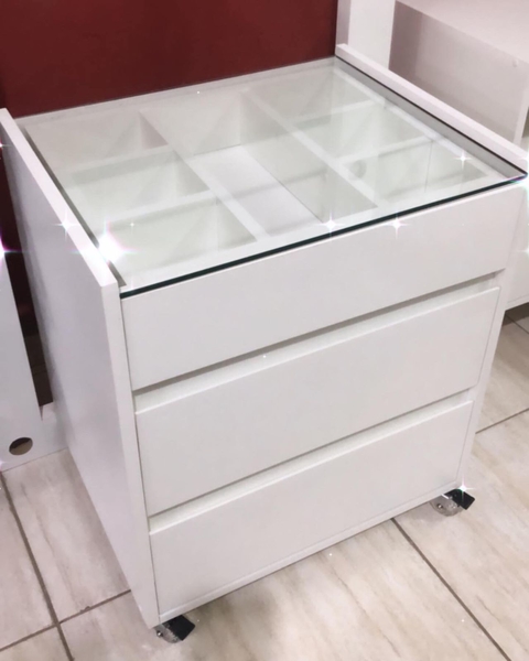 Gaveteiro carrinho auxiliar com vidro MDF branco cód.prty