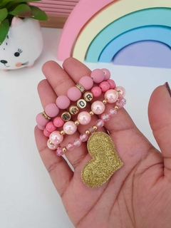 pulseira infantil rosa com dourado