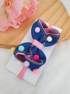 Laço jeans com pompom (9 a 11cm)