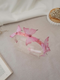 Tiara cristal com borboletas rosas