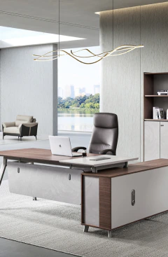 Escritorio con Credenza Almendra y Gris