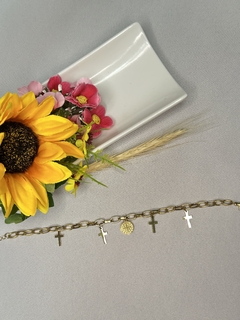 Pulseira São Bento + Cruz Aço Inox Dourado