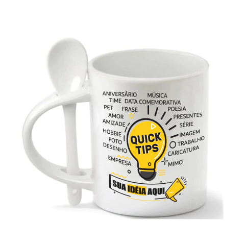 CANECA DE CERÂMICA ALÇA E INTERIOR BRANCO C/ COLHER ARTE DO SEU JEITO