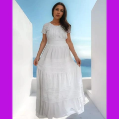 Vestido Longo Algodão Lese Renda Botões Batizado Civil Festa - comprar online