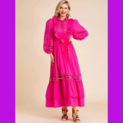 Vestido Pink Detalhes Renda Manga Longa Festa - comprar online