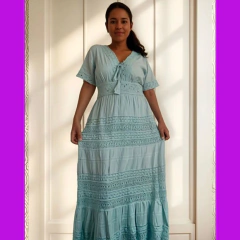 Vestido Longo Algodão Lese Renda Guipir Manga Curta na internet