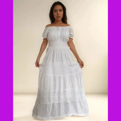Vestido Longo Algodão Lese Renda Botões Batizado Civil Festa - loja online
