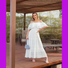 Vestido Longo Branco Renda Guipir Civil Pre Wedding Noiva